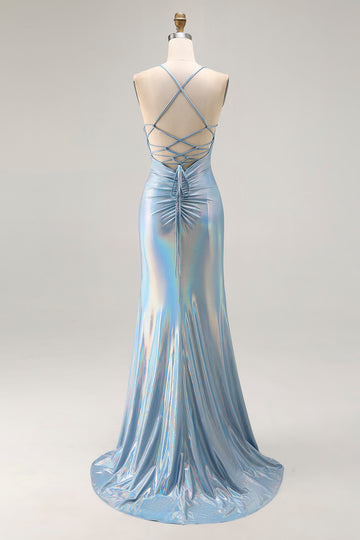 Light Blue Mermaid Ruched Beaded Prom Dress